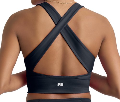 POPSUGAR Long Line Sports Bra Women, Workout Crop Tops for Women Longline Criss Cross Gym Yoga Tops with Built in Bra for Running Pilates Black Night, Medium