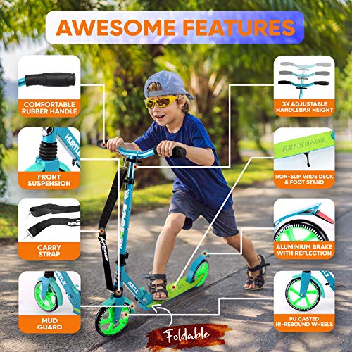 Hurtle Renegade Teal Folding Kick Scooter for Kids Teens & Adults - Alloy Deck & Adjustable Handlebar