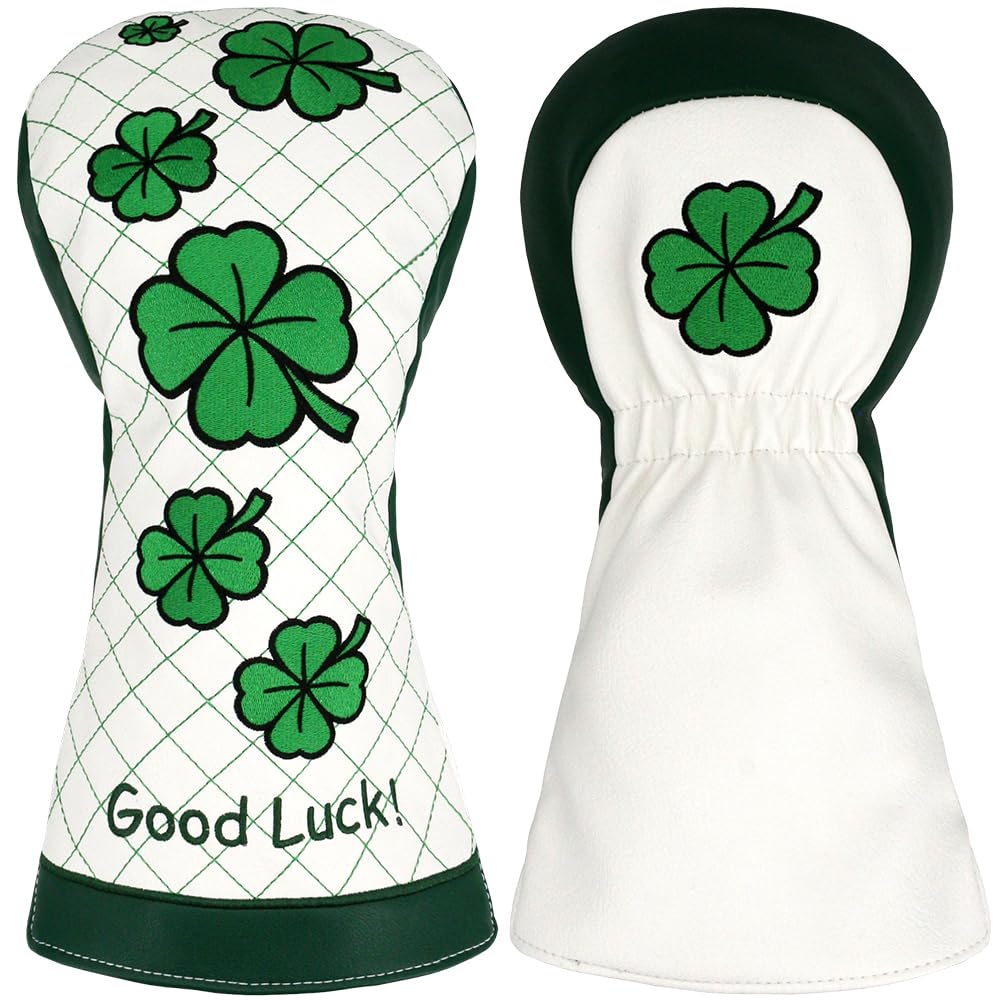 PINMEI Golf Club Head Covers for Driver Headcover Embroidered Four-Leaf Clover Design Synthetic Lether Fit Most Drivers Fit for Titleist Callaway Ping Taylormade Cobra (White Good Luck Driver)
