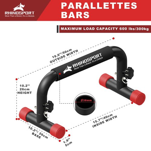RHINOSPORT Parallettes Bars Dip Calisthenics Push Up Bars Calisthenics Equipment 10.2 in High 300Kg/661lbs Weight Capacity Strength Training Home Gym Workouts [19.6x10.2x10.2 in] (RED)