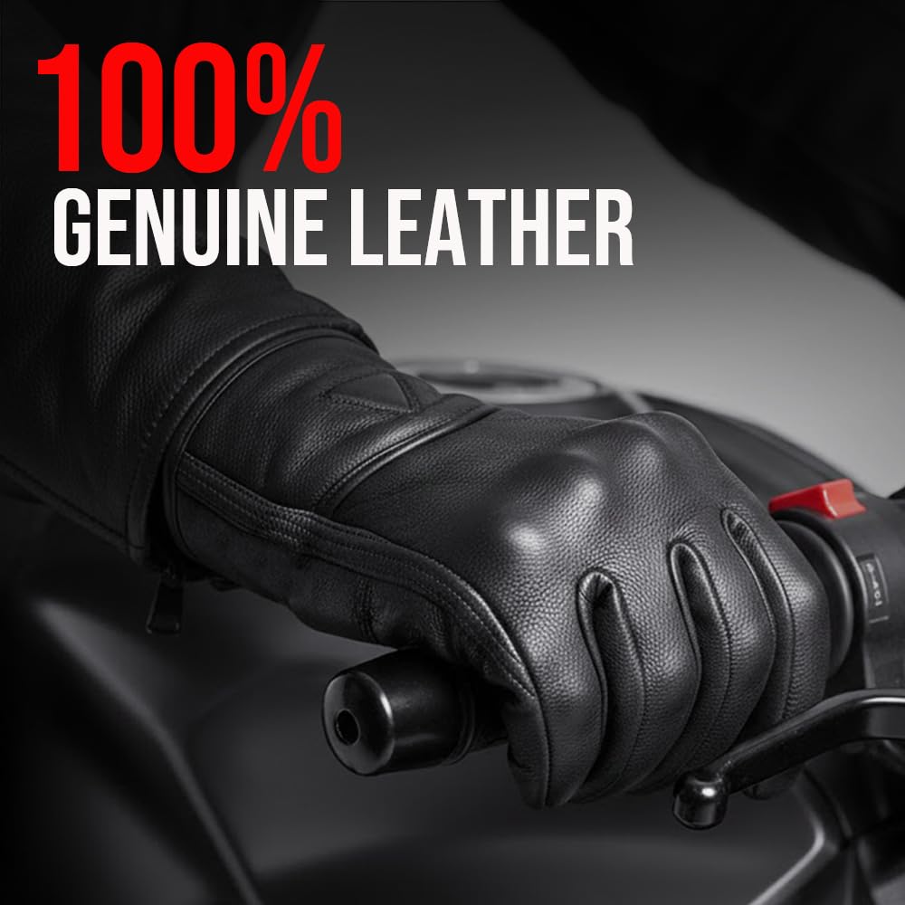 Jackets 4 Bikes Motorcycle Gloves - Premium Leather for Men, Touchscreen, Non-Slip, Motorbike Cruiser Street Biker Protector Black S