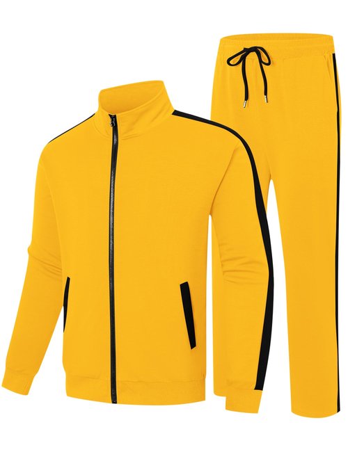 LecGee 2 Piece Athletic Set For Men Casual Color Bock Coat and Adjustable Drawstring Sports Pant Outfits(Yellow,XX-Large)