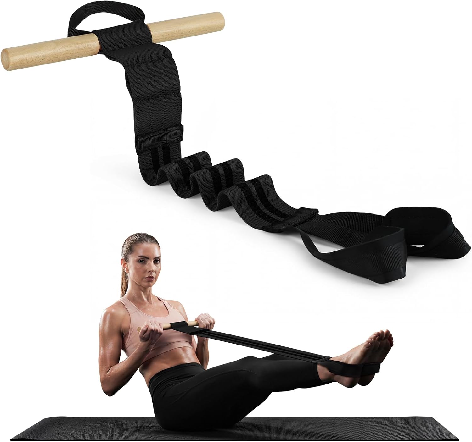 Skiennix Pedal Resistance Bands - Adjustable Manual Tension Fitness Bands with Wood Handles | Multi-Use for Abdomen, Waist, Arms, Legs