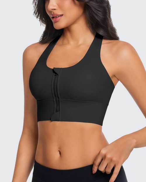 Eskmiry Zip Front Sports Bra for Women, High Support Criss-Cross Back Strappy Padded Workout Tops Supportive Gym Bras Black