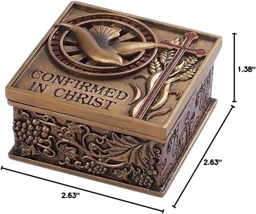 Confirmed In Christ Dove Bronze Tone Memory Trinket Box - 2.75 x 2.75 Resin Stone