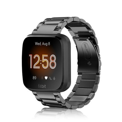 FINTIE Metal Band Compatible with Fitbit Versa 2 1 and Lite Edition, Solid Stainless Steel Strap Replacement Wristband Business Bracelet, Black
