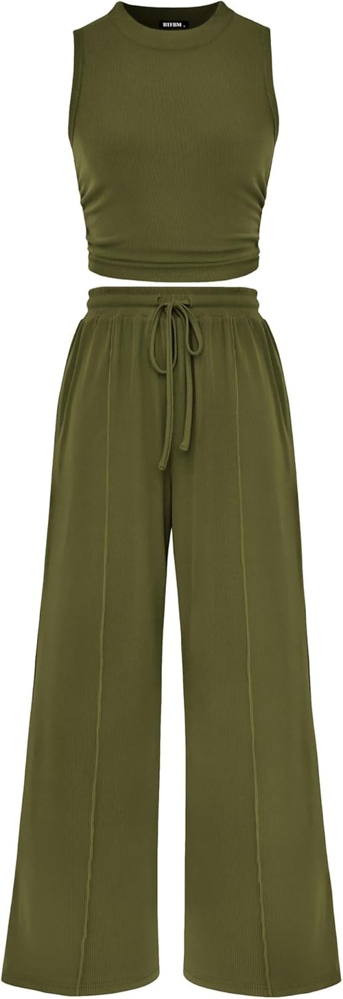 BTFBM Summer Outfits for Women - Cropped Sleeveless Tank & Wide Leg Pants Set | Beach Lounge Style