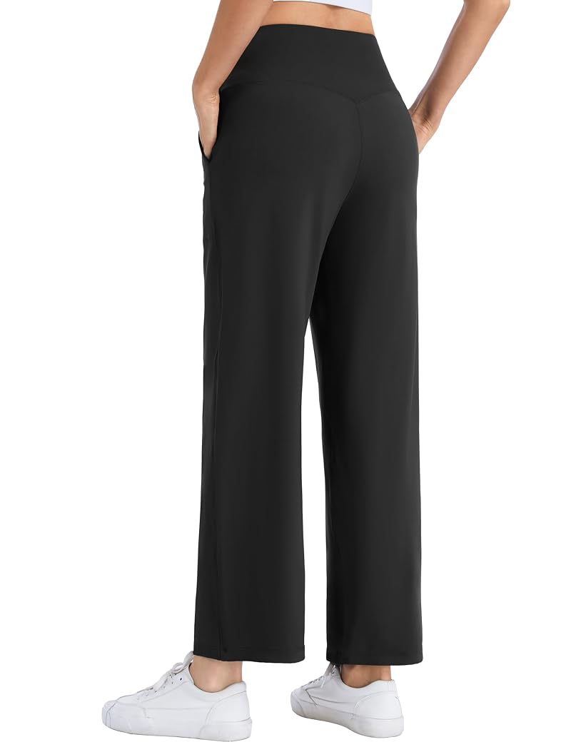 The Gym People Women's Wide Leg High Waist Yoga Pants with Pockets - Black, 27" Inseam