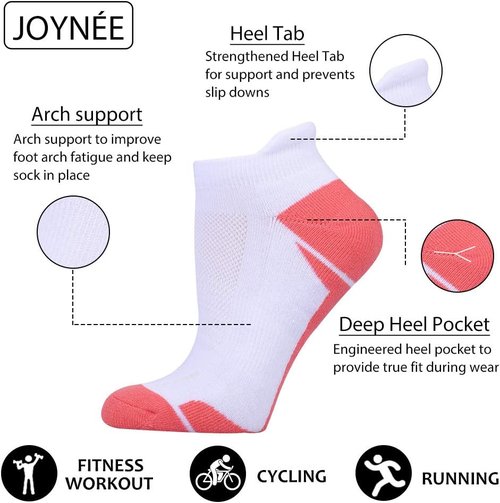JOYNÉE Women's Athletic Ankle Socks - Cushioned Low Cut Tab | 6 Pack, White, Size 9-11