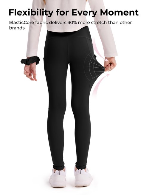 PATPAT Girls Athletic Leggings with Pocket, Buttery-Soft & Ultra-Stretchy Yoga Pants for Running Dance Workout Casual, Skinny-Bottom (Regular), Black, US10/M