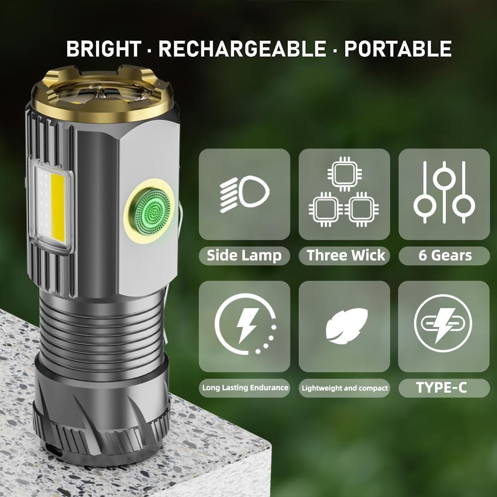 Rechargeable mini LED Flashlight, 9000 lumens Ultra Bright Small Flashlight, with Clip and Magnet, IPX6 Waterproof, 6 Modes, Suitable for Camping, Hiking, and Emergency situations (2-Piece Set)