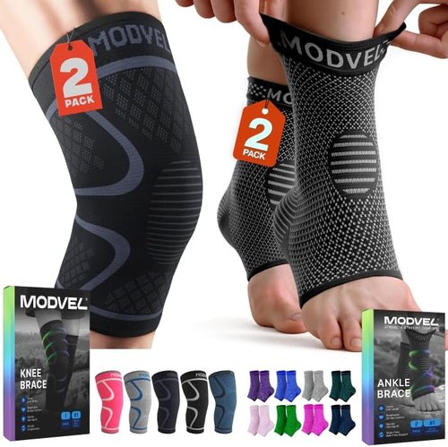 Modvel Knee & Ankle Brace Bundle - Black Compression Sleeves for Pain Relief & Joint Support