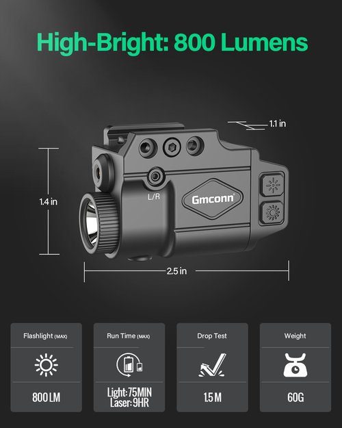 Gmconn Tactical Flashlight - 800 Lumen with Green Laser Sight & Strobe Function | Rechargeable Gun Light