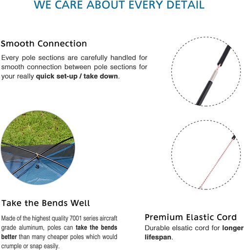 Aluminum Tent Poles Replacement - Black Pre-Assembled 7001 T6 Camping Tent Rod for Durability