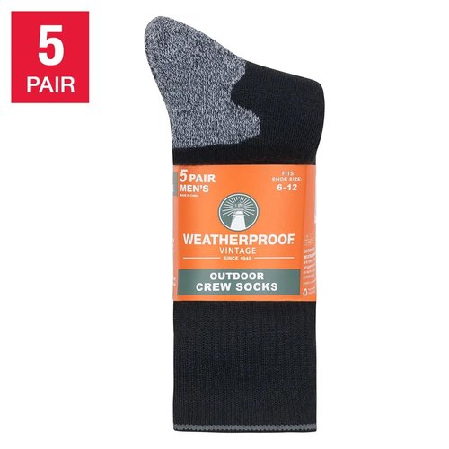 Weatherproof Vintage Men's Wool Blend Crew Socks, Outdoor, 5-Pair (US, Numeric, 6, 12, Regular, Regular, Black)