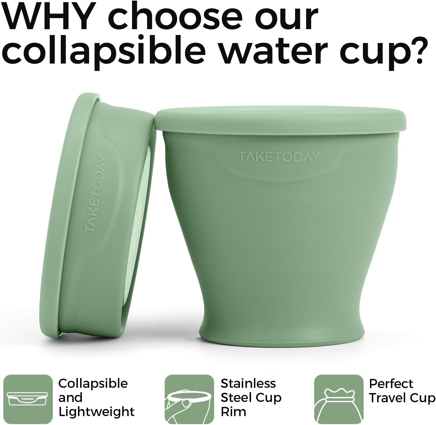 TakeToday Collapsible Travel Cup - 8 oz Silicone Foldable Water Cup with Lid & Waterproof Bag | Green