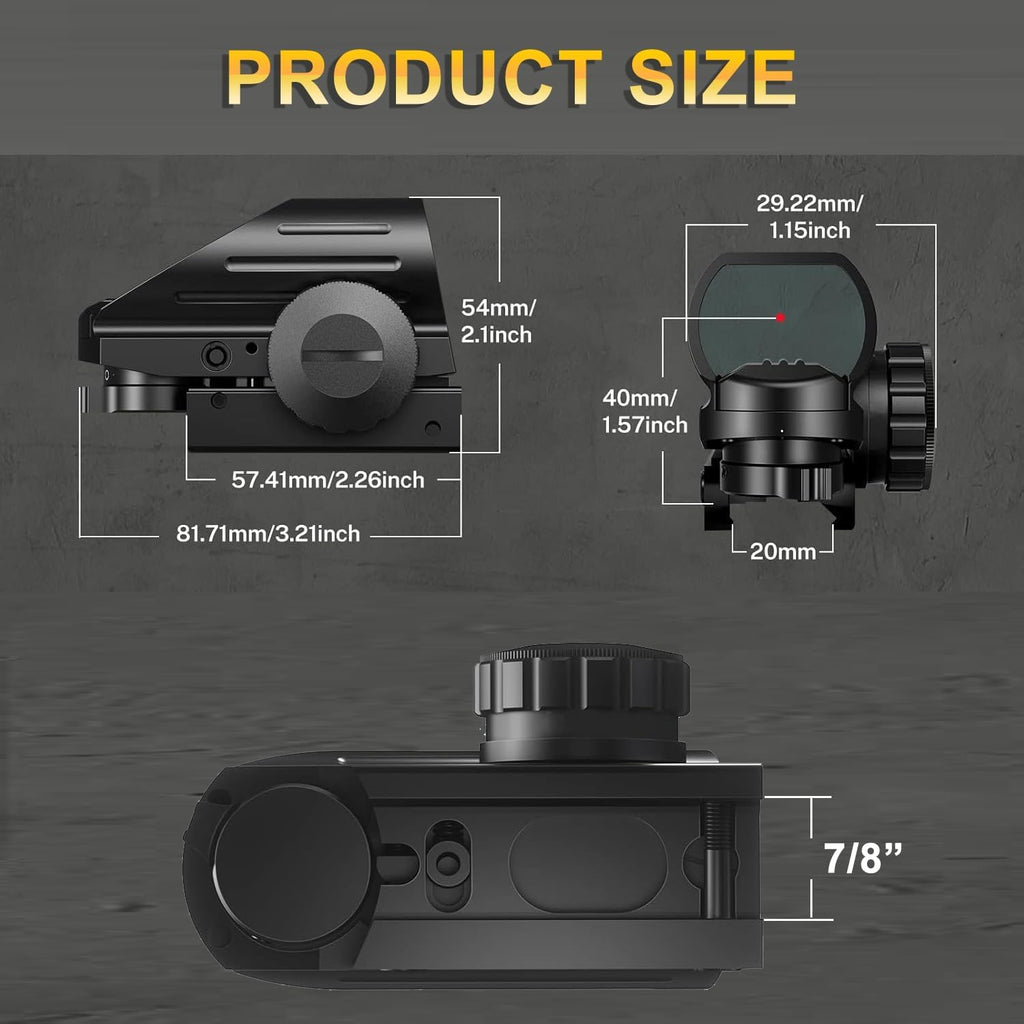 Red Dot Sight - Red and Green Reflex Rifle Scope with 4 Reticles & 20mm Rail Mount