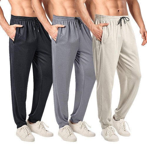 3PC Men's Tapered Sweatpants with Zipper Pockets - Snag-Proof Mesh Jogger Pants, Breathable for Sports & Casual Wear