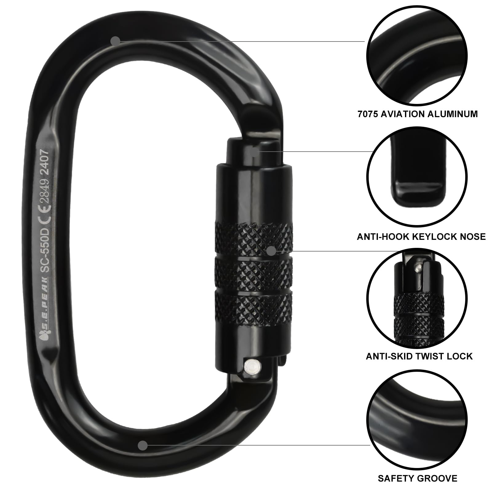 S.E.PEAK UIAA & CE 24kN Oval Climbing Twist Clip for Outdoor Activities, Stormproof, Hiking, Mountaineering, Climbing, Camping, Fishing, Hunting, Skiing, Snowshoeing,Black,2pc