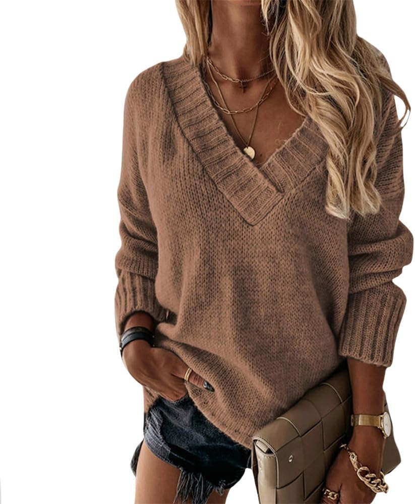 ZOCANIA Women's Sweater - Stylish Long Sleeve V-Neck Pullover for Fall Fashion 2024 | Solid Knit Design