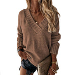 ZOCANIA Women's Sweater - Stylish Long Sleeve V-Neck Pullover for Fall Fashion 2024 | Solid Knit Design