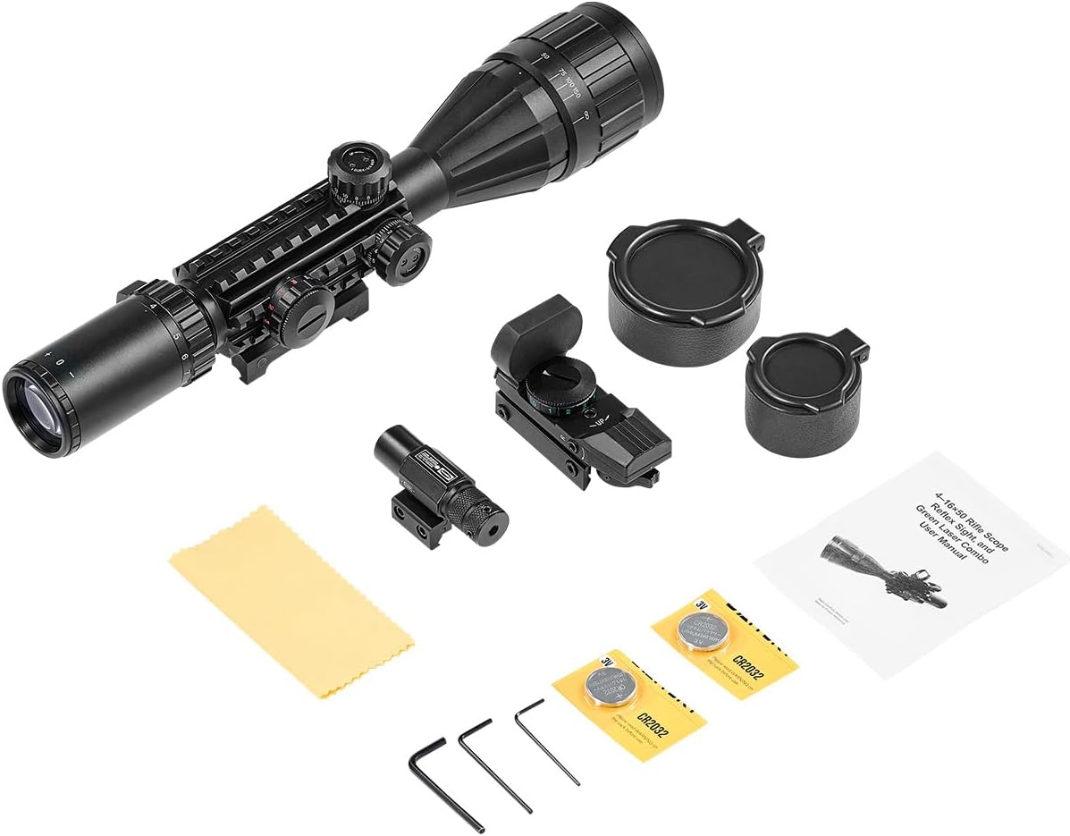 PINTY Tactical Rifle Scope Combo - Illuminated Optics with Red Dot Sight & Laser | 3-9x32, 3-9x40, 4-12x50, 4-16x50