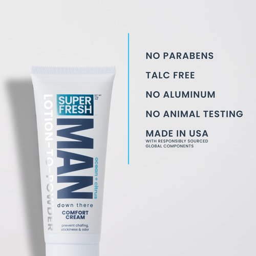 Super Fresh Ball Deodorant Powder Lotion Comfort Cream for Man Parts Groin Butt and Body Hygiene Controls Odor Stops Chafing and Itch Absorbs Sweat Aluminum Free Formula in 4 oz Tube