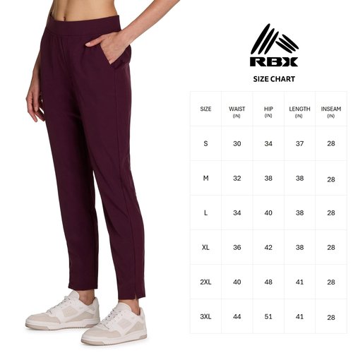 RBX Activewear Women's Ankle Pant, Quick Drying Lightweight Stretch Woven Straight Leg Pants with Pockets Ribbed Side Burgun
