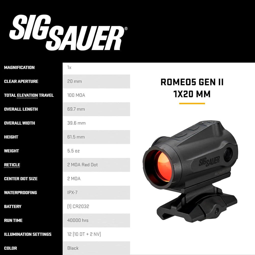 SIG SAUER ROMEO5 GEN II 1x20mm Compact Waterproof Rifle Dot Sight - 12 Illumination Settings, Parallax-Free Design