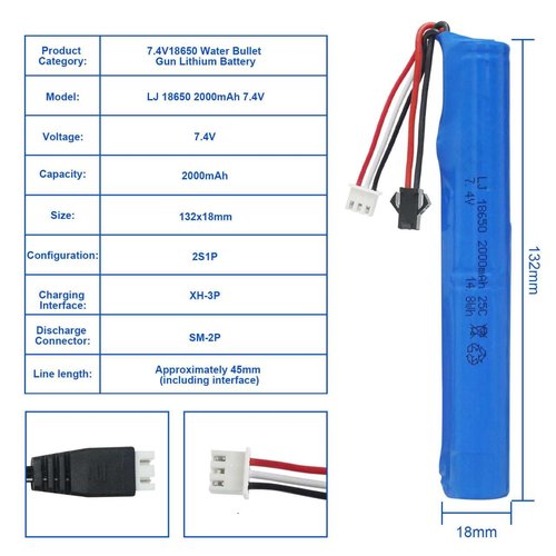 2 Pack 7.4V Batteries 2000mAh for SRB1200 400 400-SUB MP5K M4 M110 for Hobby Remote App Controlled Vehicle Water Bead Blaster Airsoft Gun
