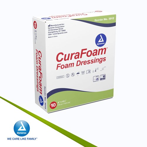 Dynarex CuraFoam Foam Dressings, Non-Bordered, Sterile, Provides Cushioned and Moist Wound Care, Used for Medium to Heavy Exuding Wounds, 4" x 4.25", 1 Box of 10 CuraFoam Dressings