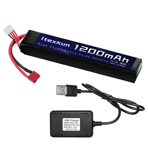 Itexkun Airsoft Lipo Battery 11.1V 1200mAh 30C T Plug High Discharge Rate Rechargeable Battery with 3S Charger for Airsoft Model Guns