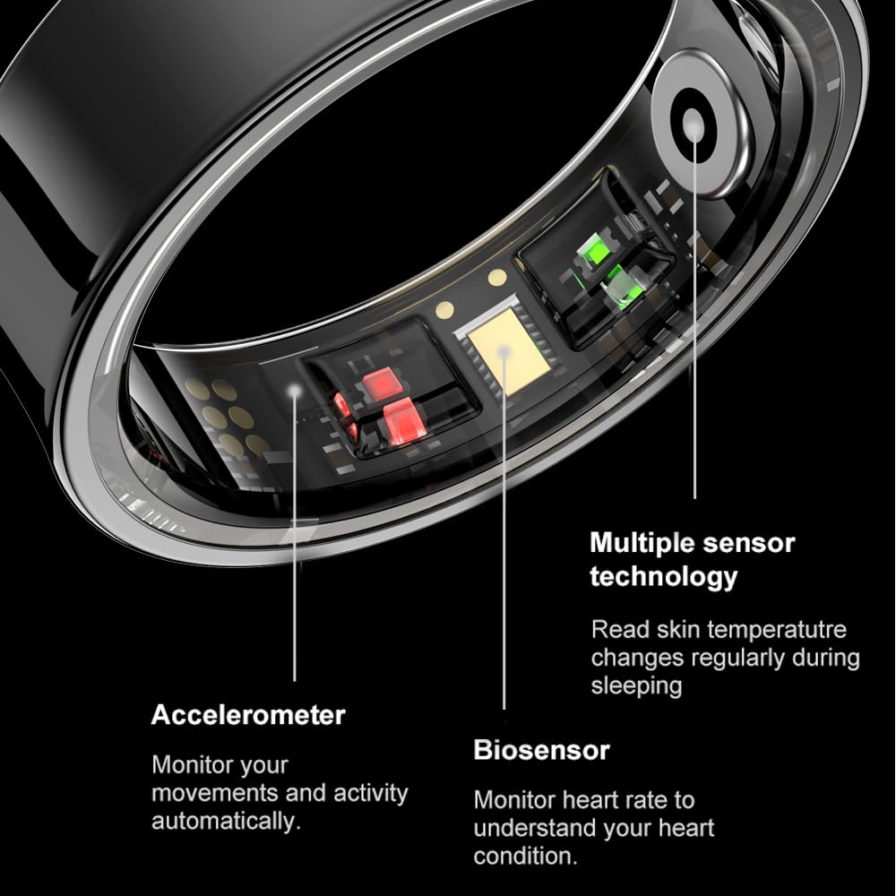 SM SEVENMORE Curved Design Smart Ring Fitness Tracker, Gesture Remote Control Activity Sport Record Sleep Quality Heart Rate SpO2 Skin Temperature Monitoring (Black, #9)