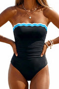 Women’s Strapless One-Piece Swimsuit with Tummy Control - Bandeau, Detachable Straps, Black/Blue/White (Large)