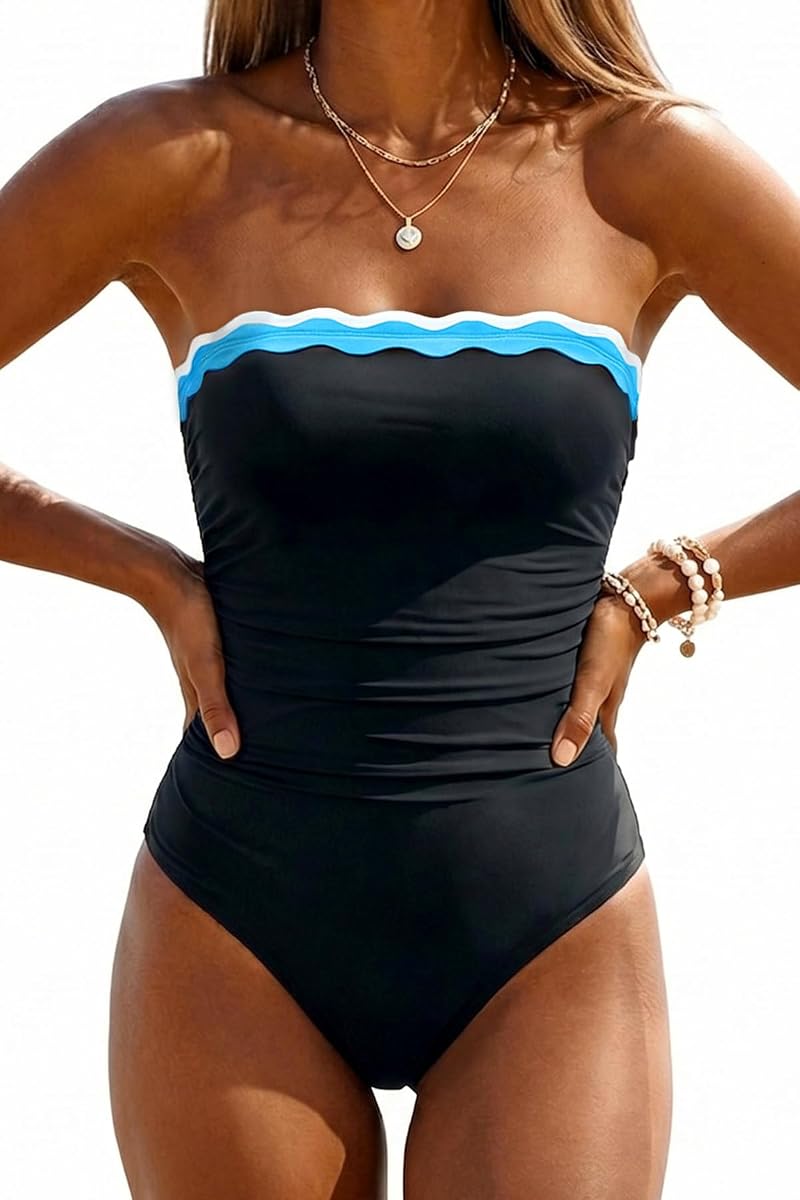 Women’s Strapless One-Piece Swimsuit with Tummy Control - Bandeau, Detachable Straps, Black/Blue/White (Large)