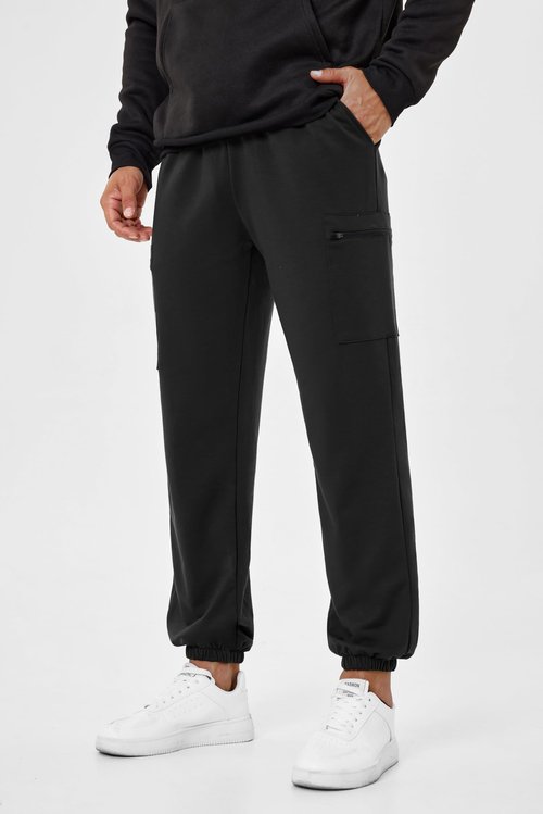 SILKWORLD Mens Cargo Sweatpants Elastic Bottom Baggy Joggers for Men Loose Fit Lounge Pants with Zipper Pockets Black Large