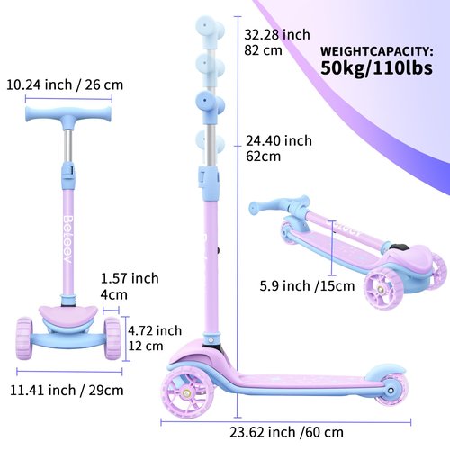 BELEEV Scooter for Kids Ages 3-12, 3 Wheel Folding Scooter for Toddlers Girls Boys, PU LED Light-Up Wheels, 4 Adjustable Height, Lean to Steer, Three Wheel Kick Scooters for Children (Purple)