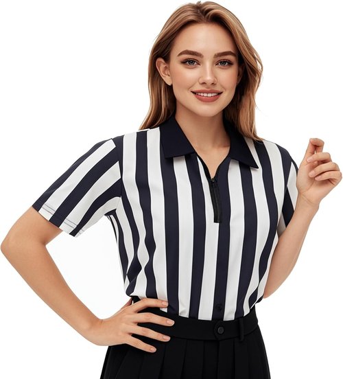 ChinFun Referee Costume Shirt - Women's Zipper Collared Umpire Jersey for Basketball & Football