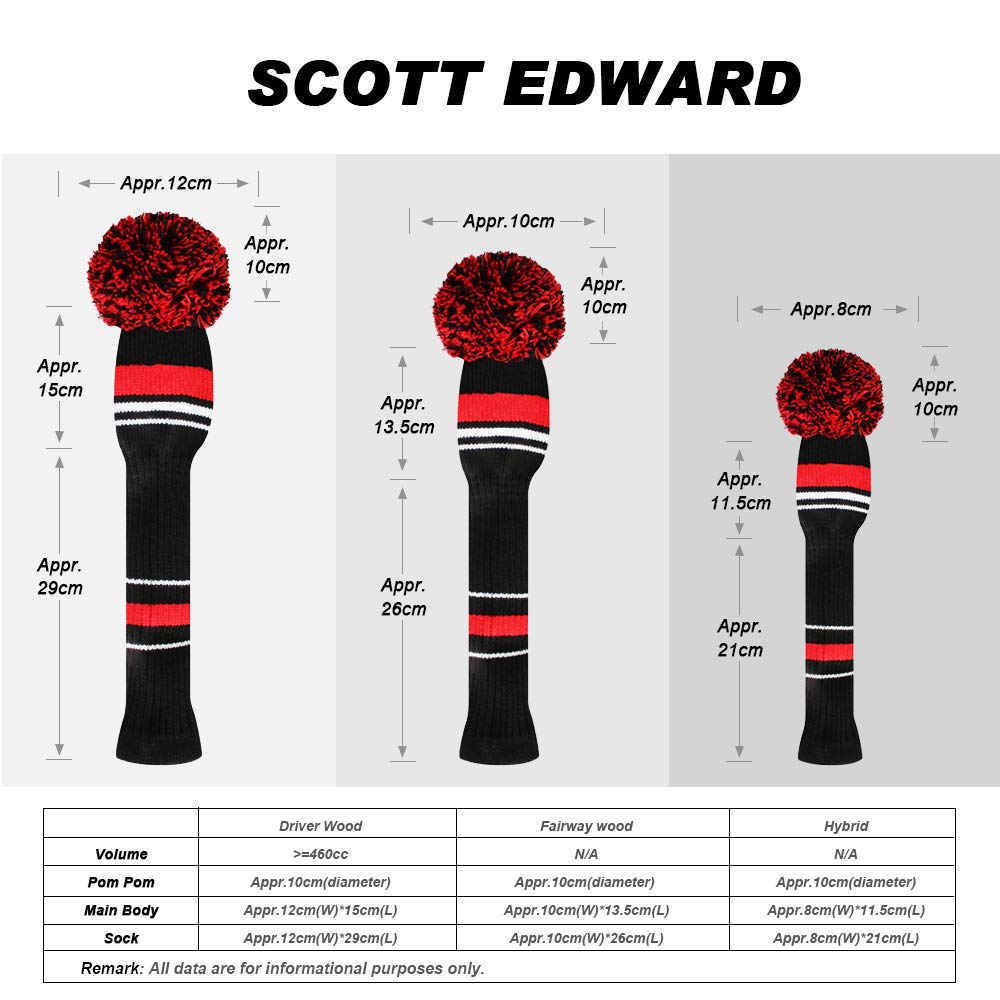 Scott Edward Red Warning Stripes Golf Club Head Covers, Acrylic Yarn Double Layers Knitted, Set of 4, with Rotating Number Tags