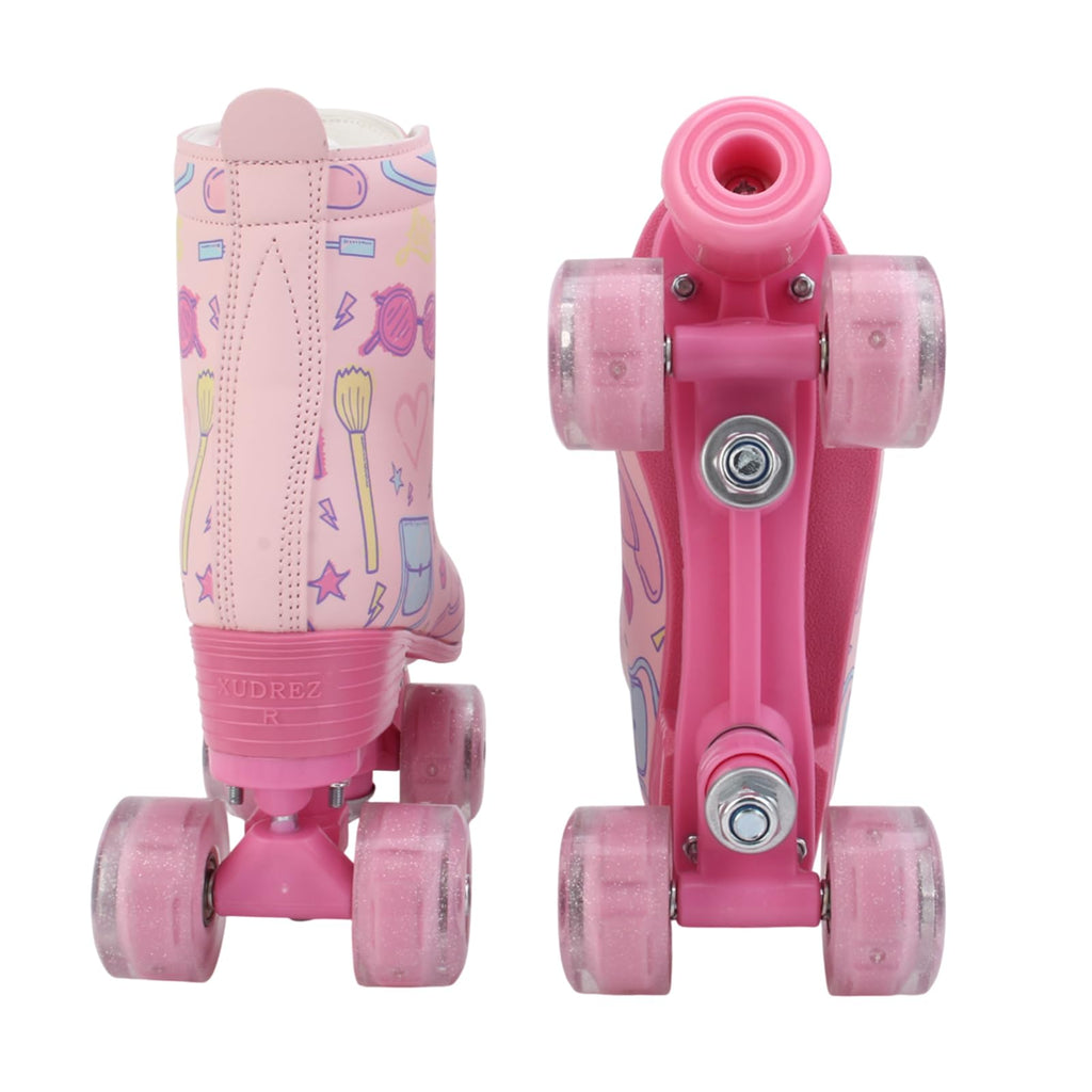 XUDREZ Roller Skates for Girls and Women, Stylish Pattern Pink Roller Skates with Light Up Wheels for Kids Youth Girls Ages 6-12 Indoor Outdoor (Pink,33-Youth 2)