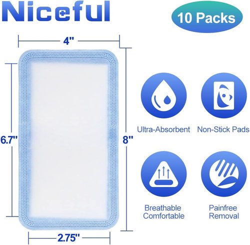 Niceful Super Absorbent Wound Dressing 4" x 8" (10 Pcs) – Sterile Non Stick Gauze Pads for Wound Care, Heavy Exudate Large Bandages for Pressure Ulcers, Bedsores, Diabetic Foot Ulcers