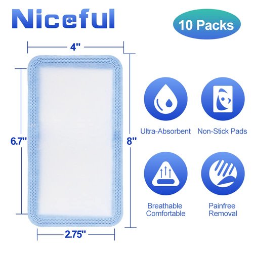 Niceful Super Absorbent Wound Dressing 4" x 8" (10 Pcs) – Sterile Non Stick Gauze Pads for Wound Care, Heavy Exudate Large Bandages for Pressure Ulcers, Bedsores, Diabetic Foot Ulcers