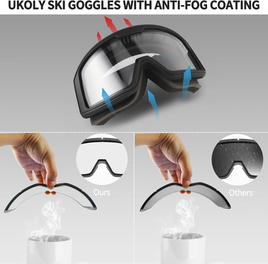 Ukoly Ski/Snowboard Goggles - HD Anti-Fog Lens, UV400 Protection, OTG Design for Men & Women