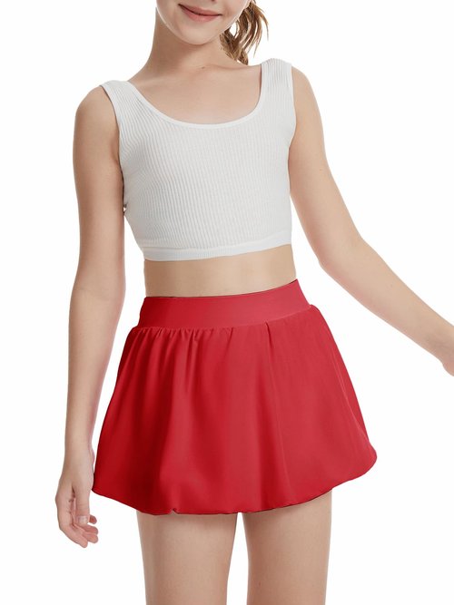 CharmWM Girls Bubble Tennis Skirts with Inner Shorts Pockets Ruffle Athletic Running Skort 3-14 Years Red