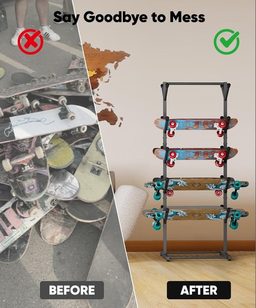 Tuohours Skateboard Racks Floor Stand Holder, Freestanding 5-Tier Skateboard Storage Organizer Hanger, Skateboards Display Rack for Deck, Longboard, Skateboard Rack for Garage, Black