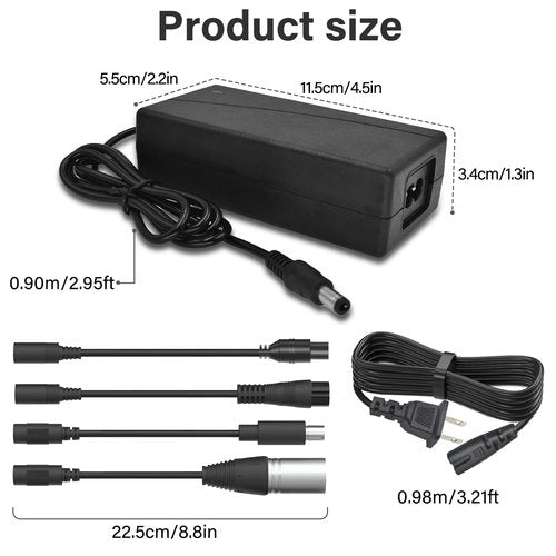 42V 2A Scoter Charger 5 Plugs for 36V Lithium Battery Pack DC 5.5 * 2.1 with 8mm 3 Prong/12mm 3 Prong Connector/8mm RCA/ 3-Pin Male XLR Connector,Universal 5 in 1 Charger Power Adapter