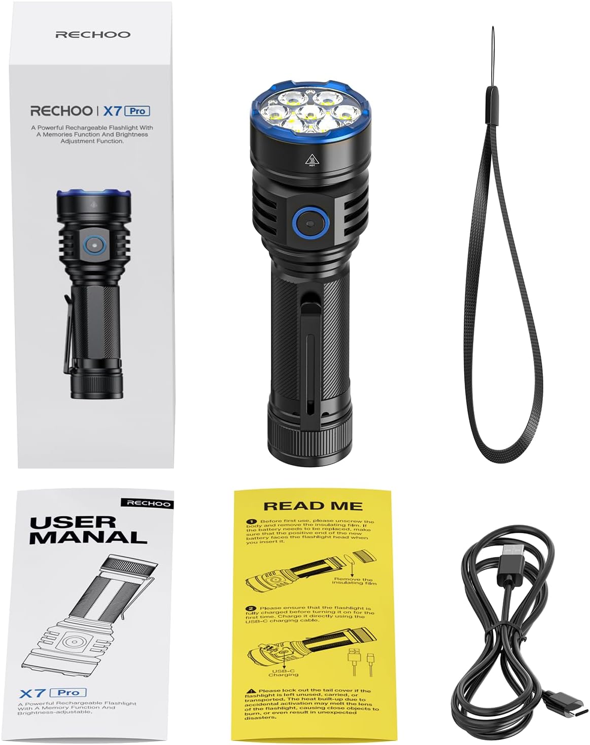 RECHOO Rechargeable Flashlight - Super Bright 7 LED with 3 Adjustable Lighting Modes | Waterproof for Home & Camping