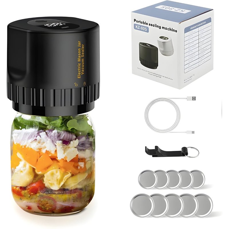 Electric Mason Jar Vacuum Sealer Kit, Portable, Automatic Start Stop, Wide Mouth and Regular Lid, Opener and Lids Included, for Canning Sealing Preserving Jars, Pickling, Jams Food Storage (Black)