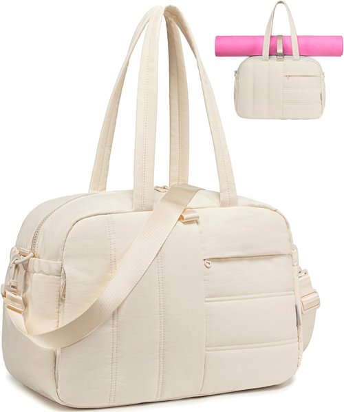 CAMTOP Gym Bag for Women - Lightweight Water-Resistant Duffle with Yoga Mat Holder | 16-Inch Beige Travel Bag