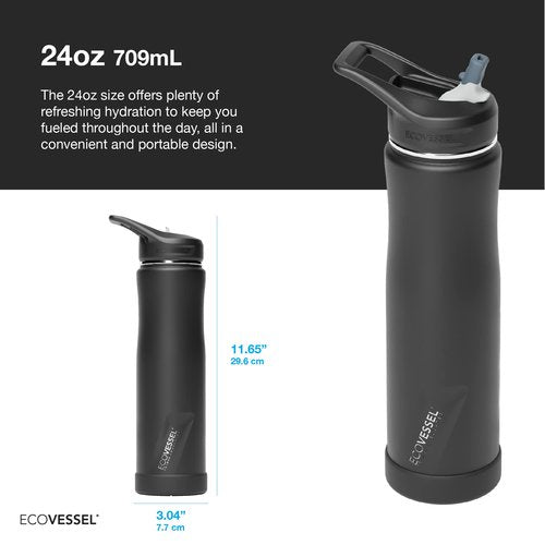EcoVessel Summit TriMax® Vacuum Insulated Stainless Steel Water Bottle with Flip Straw Lid & Silicone Bumper - 24 oz (Smoke Black)